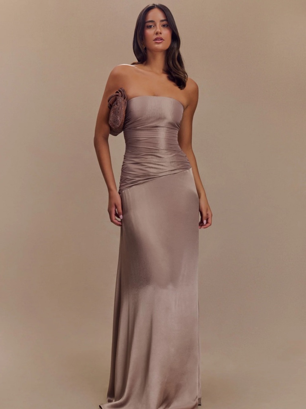 Meshki Serena Strapless Taffeta Maxi Dress - Bronze Taupe NWT size S small